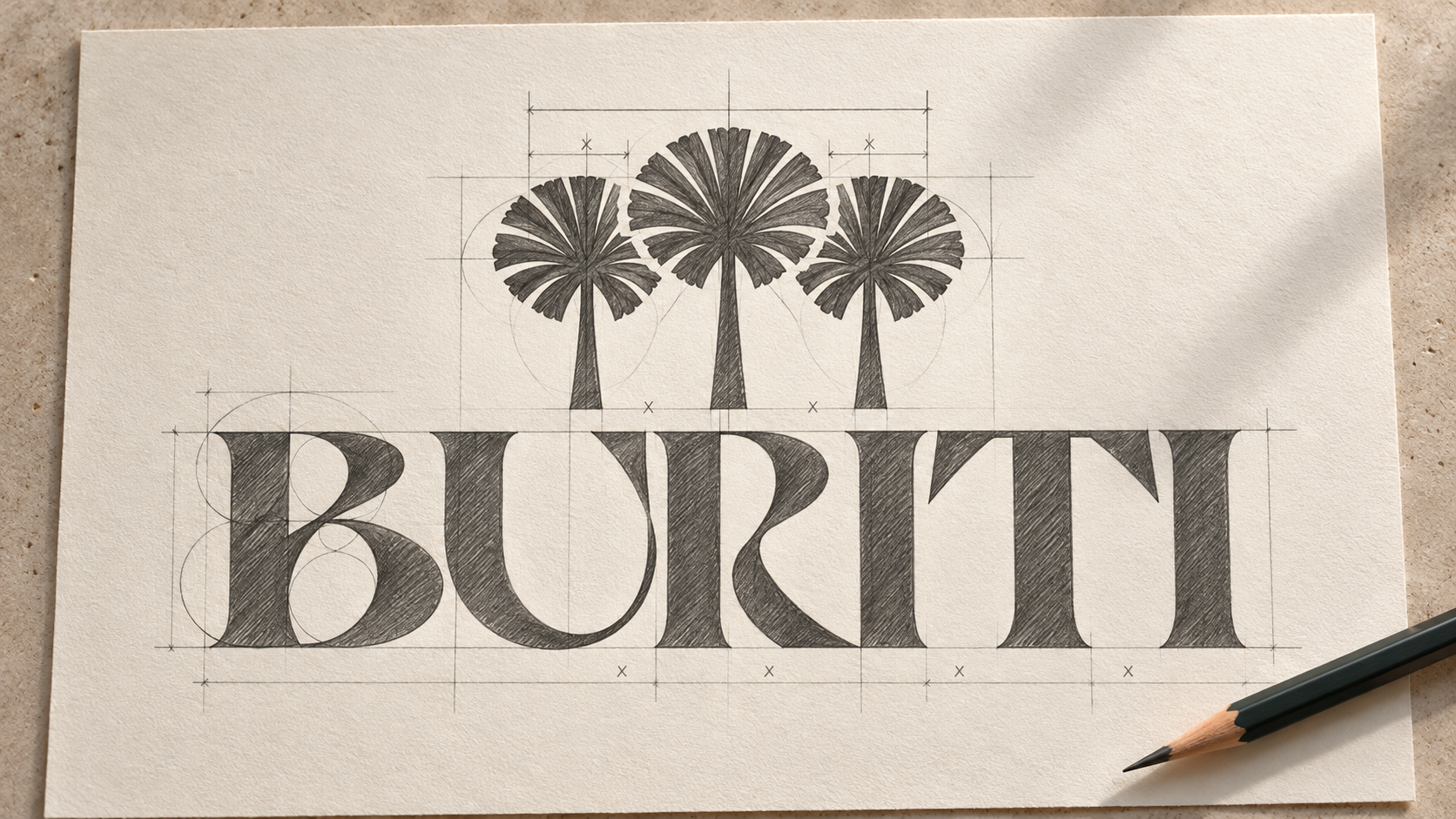 Estudo conceitual da marca Buriti em grafite sobre papel, com linhas de construção e marcações de proporção