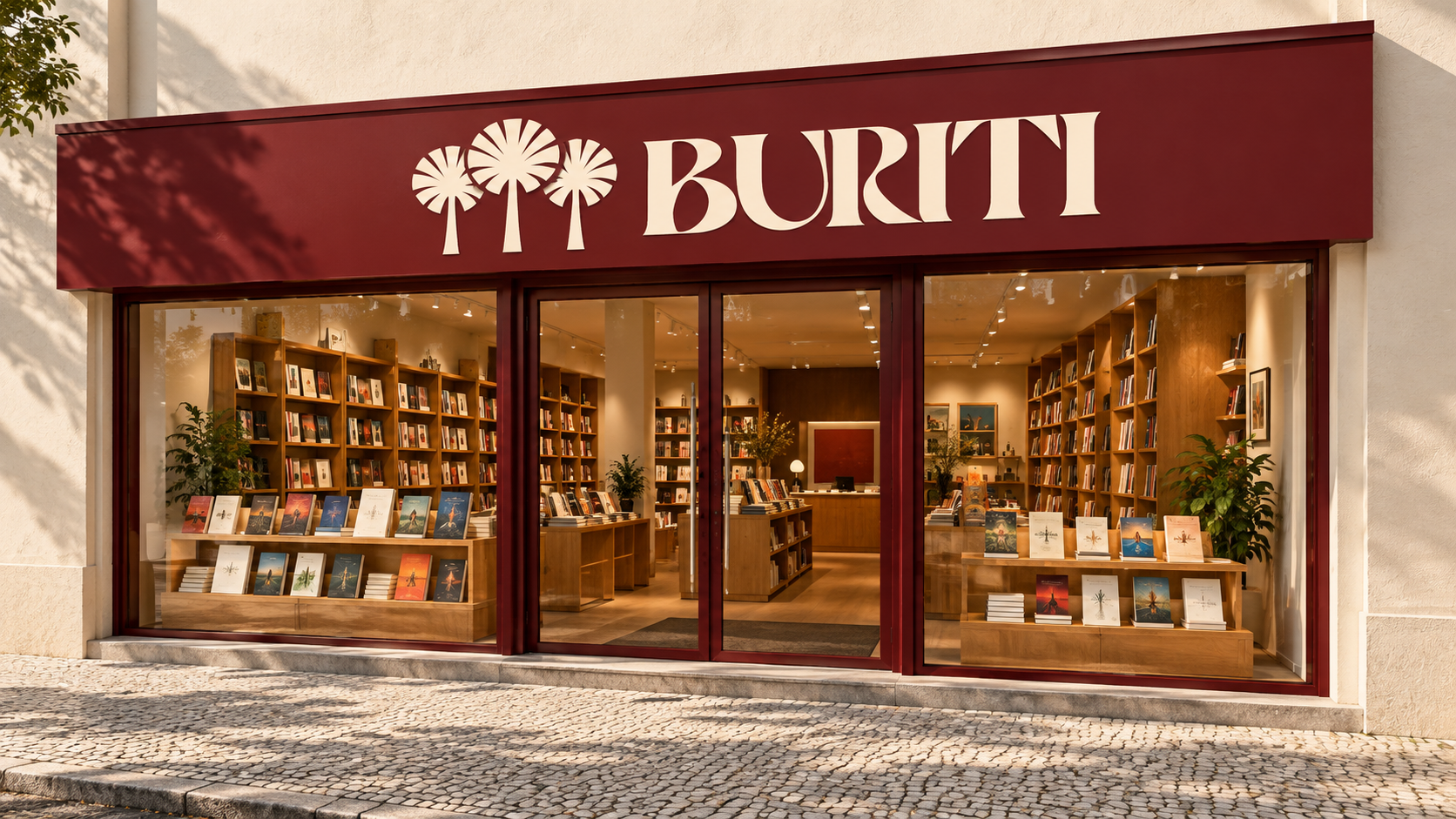 Conceito de fachada da livraria Buriti com letreiro vinho e marca clara